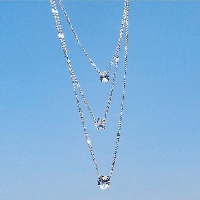 Triple Layer Crystal Necklace for Women | Water Drop, Star & Heart Pendant