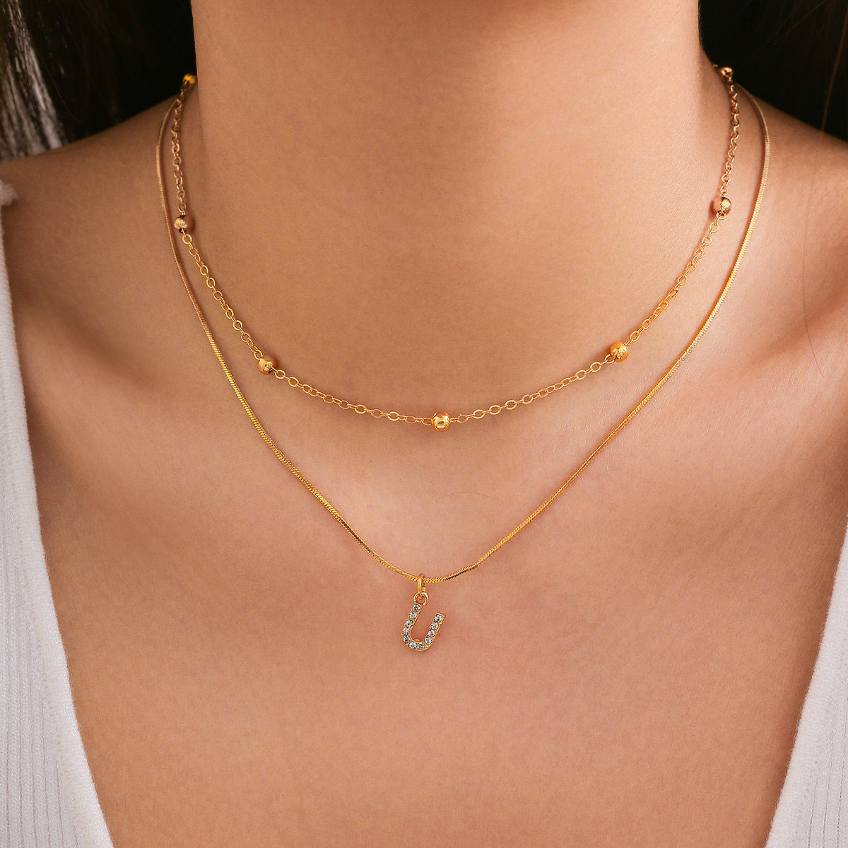 Double Layer Initial Necklace for Women | CZ Letter Pendant & Snake Chain