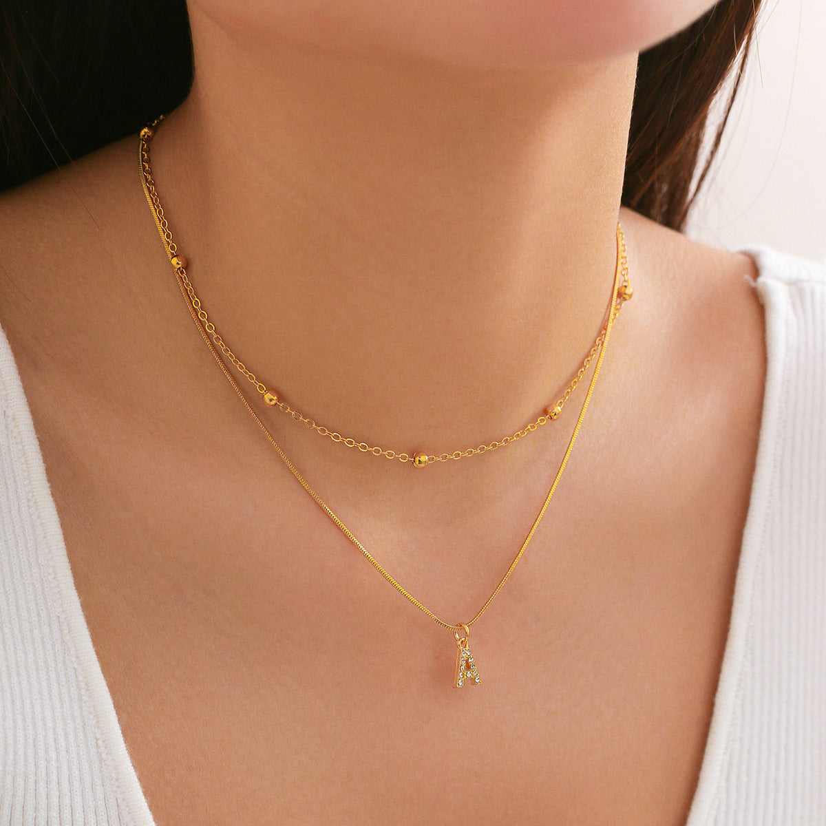 Double Layer Initial Necklace for Women | CZ Letter Pendant & Snake Chain