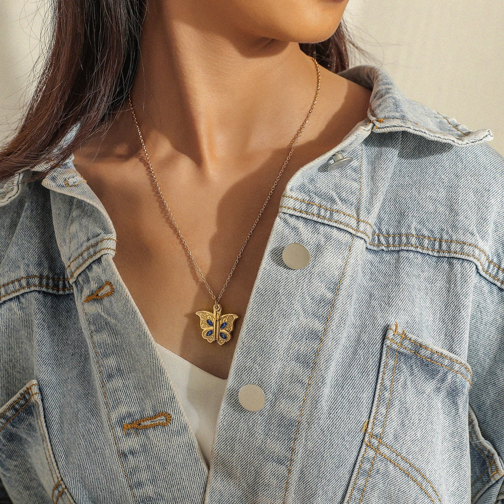 Crystal Butterfly Heart Locket Necklace