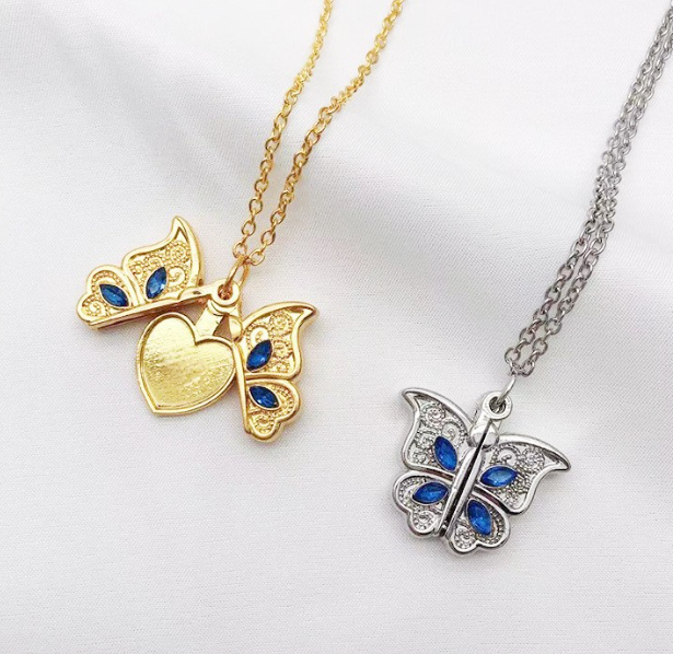 Crystal Butterfly Heart Locket Necklace