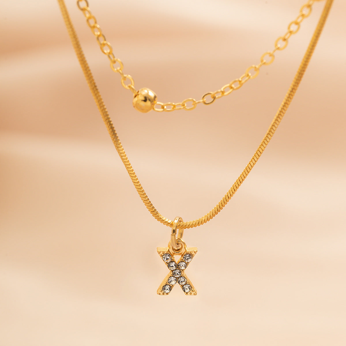 Double Layer Initial Necklace for Women | CZ Letter Pendant & Snake Chain