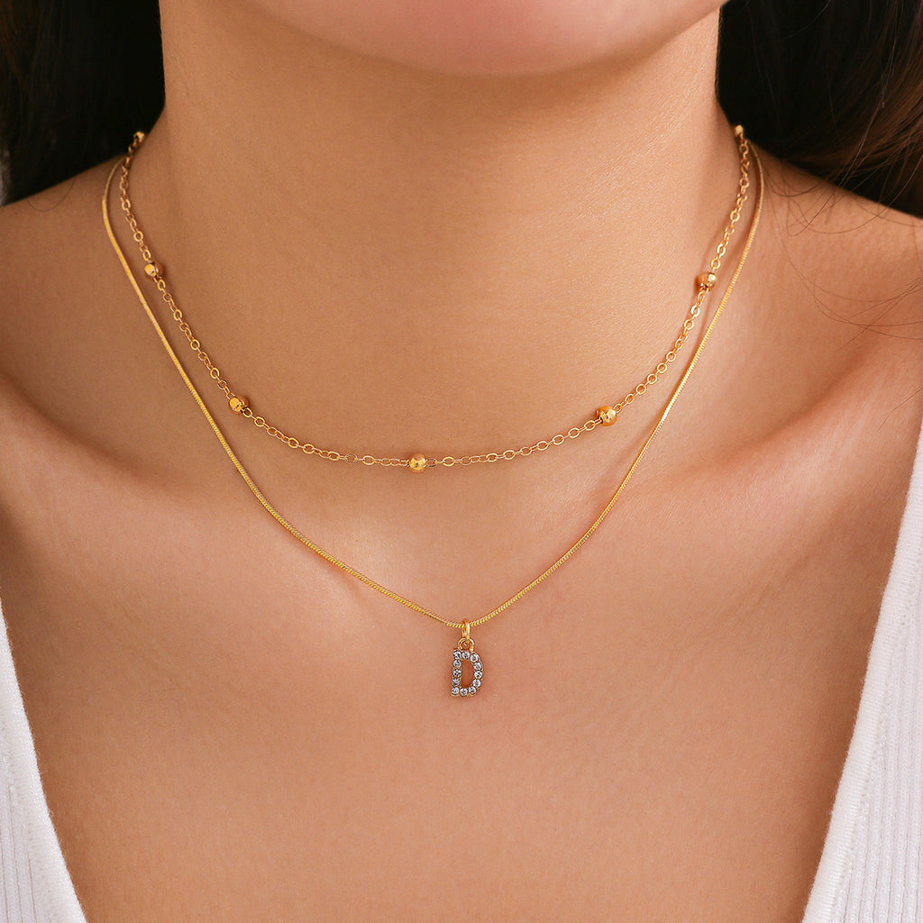 Double Layer Initial Necklace for Women | CZ Letter Pendant & Snake Chain
