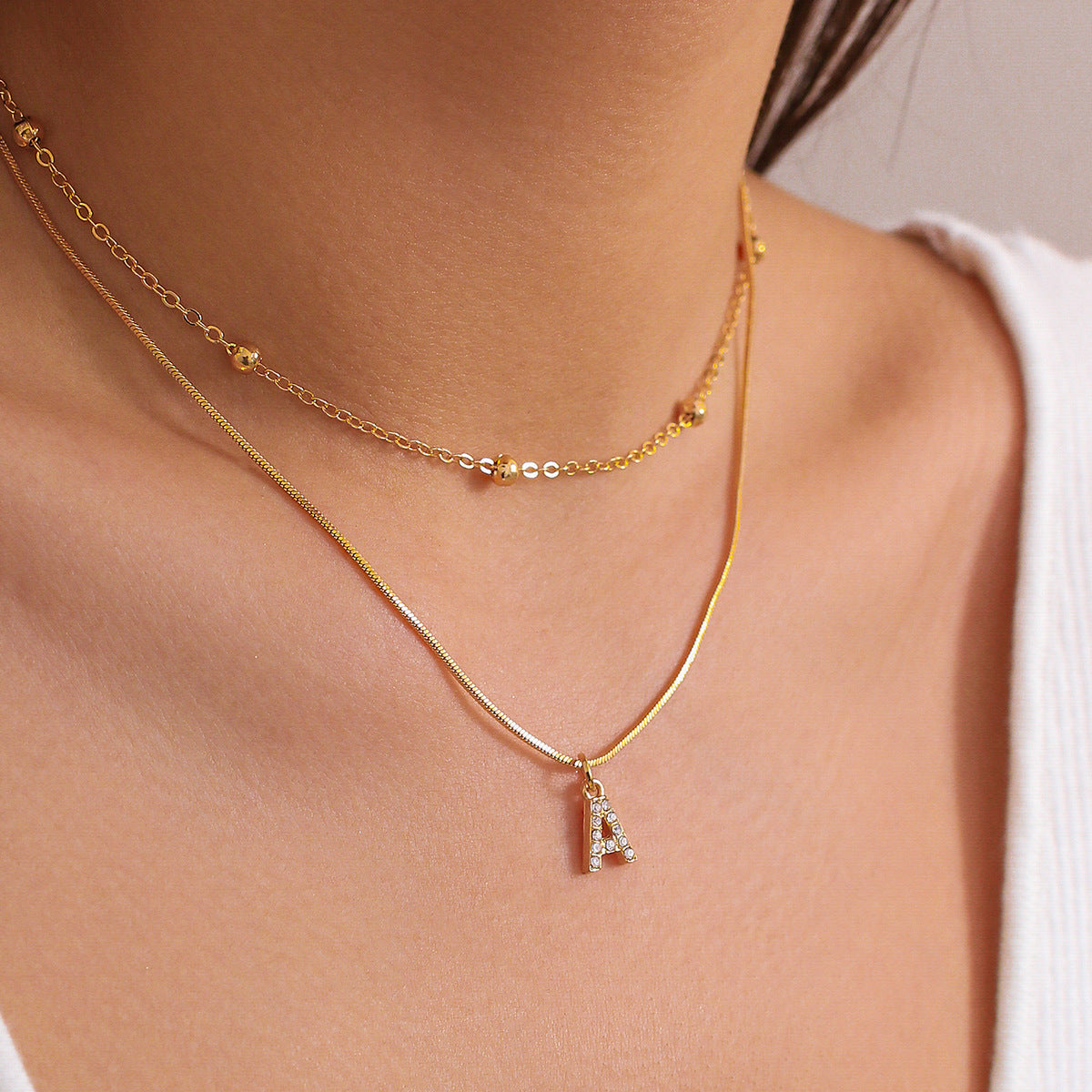 Double Layer Initial Necklace for Women | CZ Letter Pendant & Snake Chain