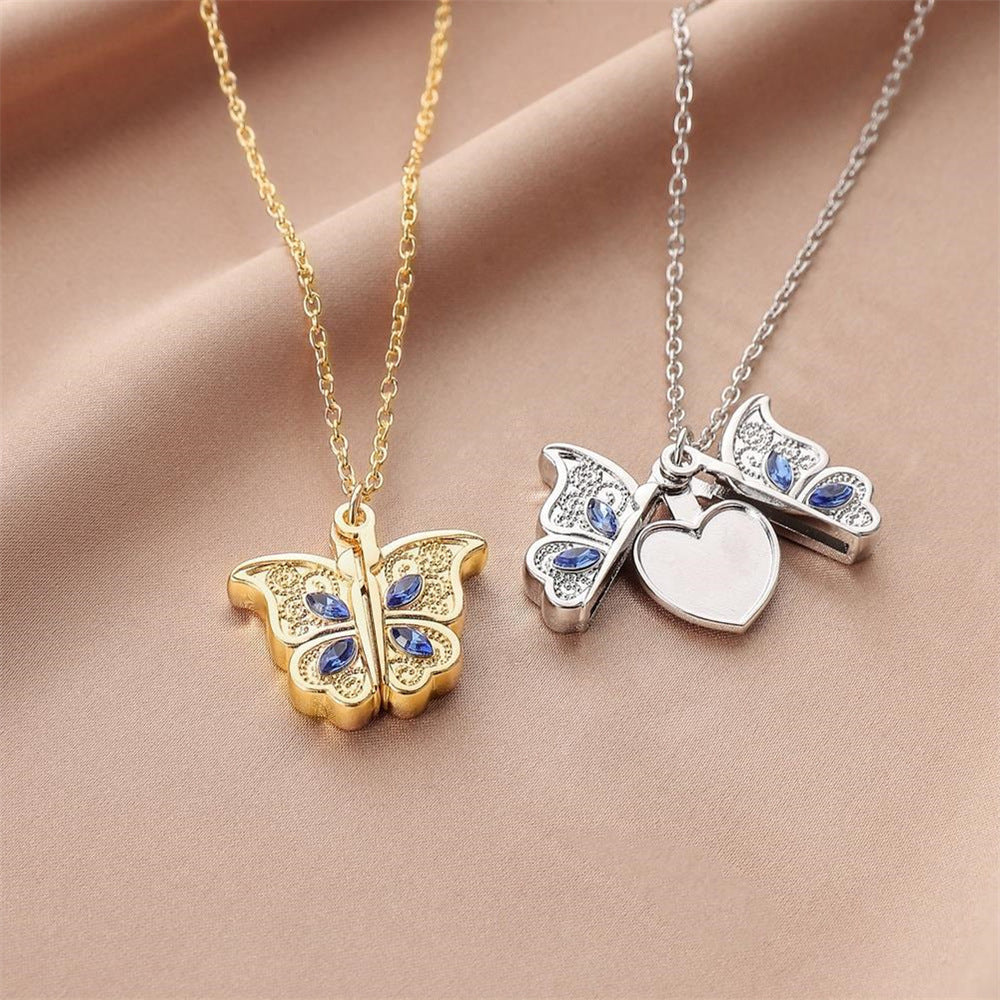 Crystal Butterfly Heart Locket Necklace