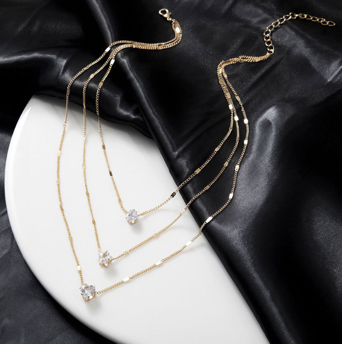 Triple Layer Crystal Necklace for Women | Water Drop, Star & Heart Pendant