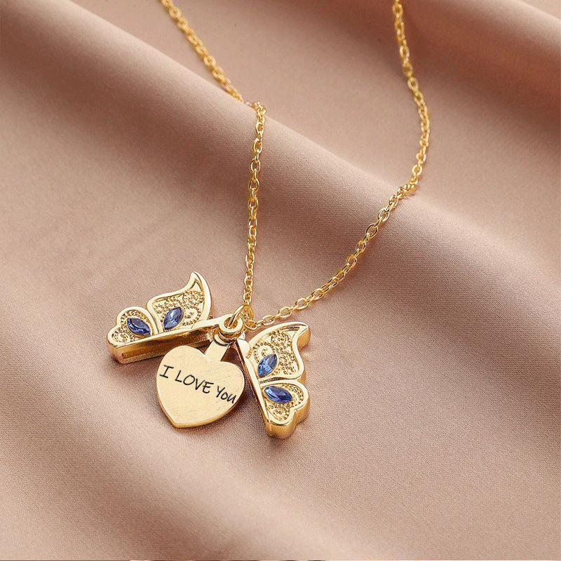 Crystal Butterfly Heart Locket Necklace