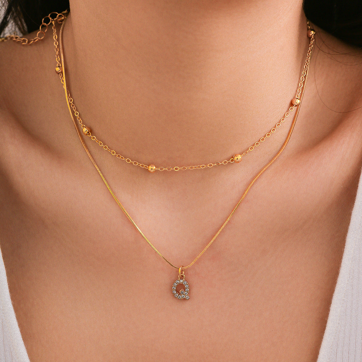 Double Layer Initial Necklace for Women | CZ Letter Pendant & Snake Chain