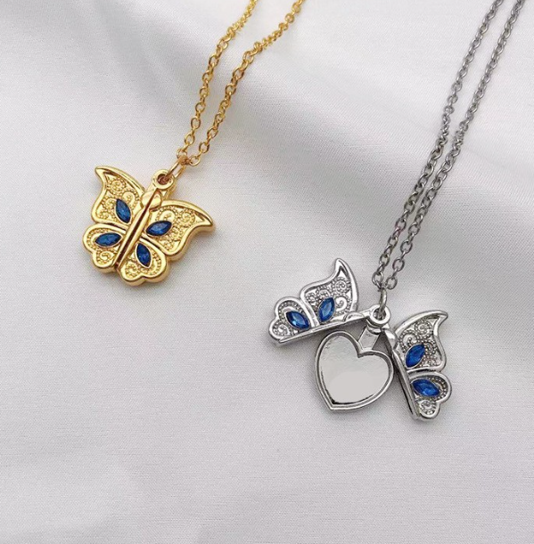 Crystal Butterfly Heart Locket Necklace