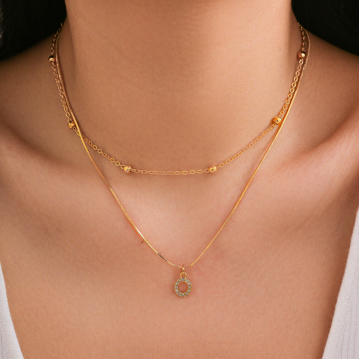 Double Layer Initial Necklace for Women | CZ Letter Pendant & Snake Chain