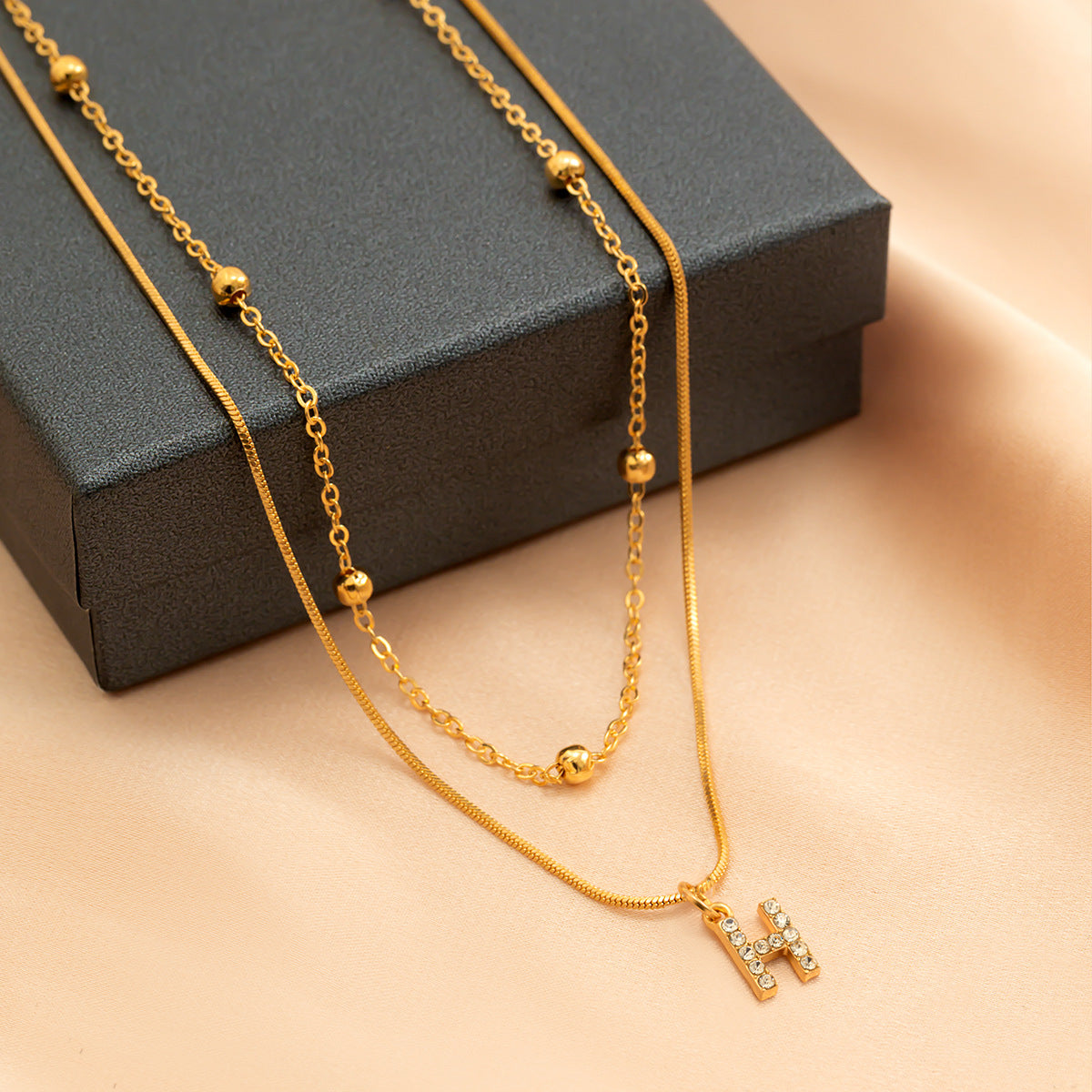 Double Layer Initial Necklace for Women | CZ Letter Pendant & Snake Chain