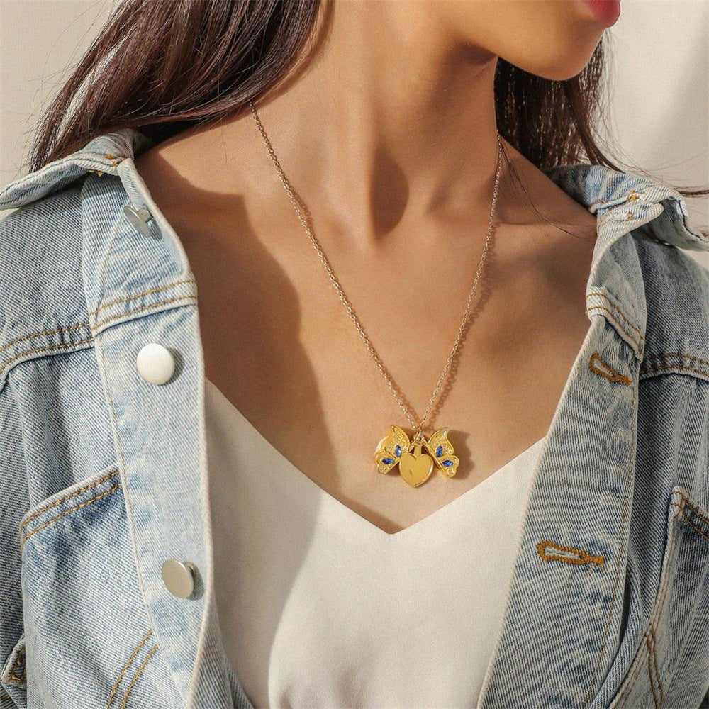 Crystal Butterfly Heart Locket Necklace