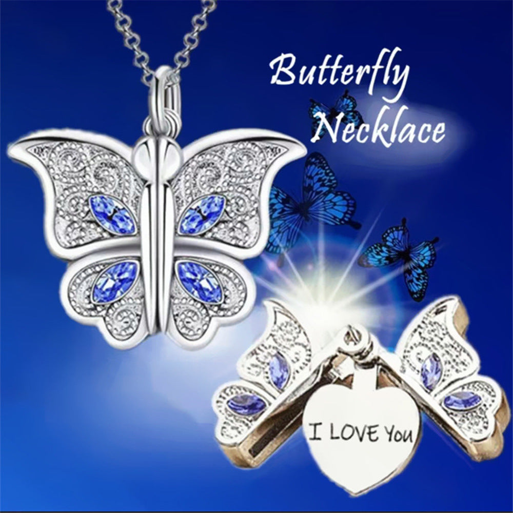 Crystal Butterfly Heart Locket Necklace