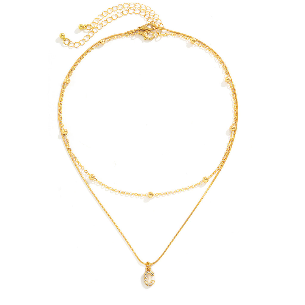 Double Layer Initial Necklace for Women | CZ Letter Pendant & Snake Chain