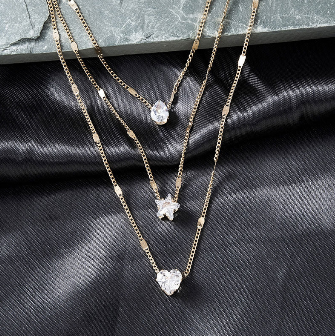Triple Layer Crystal Necklace for Women | Water Drop, Star & Heart Pendant