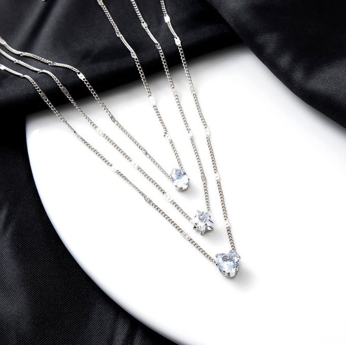 Triple Layer Crystal Necklace for Women | Water Drop, Star & Heart Pendant