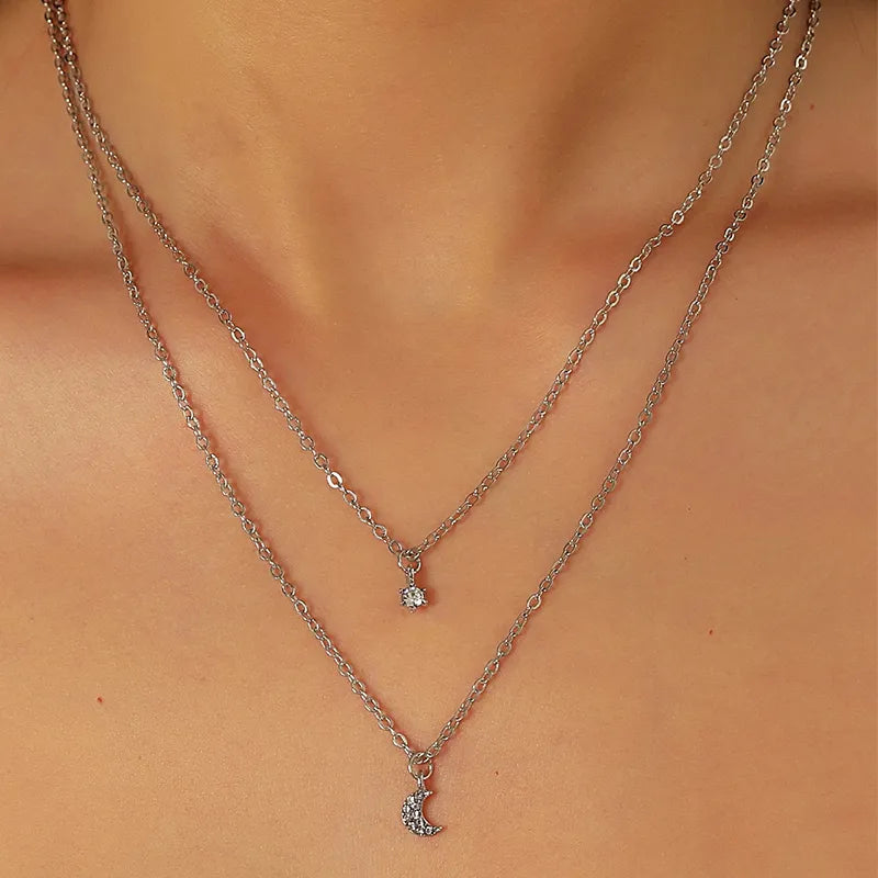Silver Star Moon Alloy Inlay Artificial Gemstones Women's Pendant Necklace